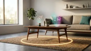 Vintage coffee table, glowing focus ring, holographic tags, teal magenta accents, visual search tipping point.