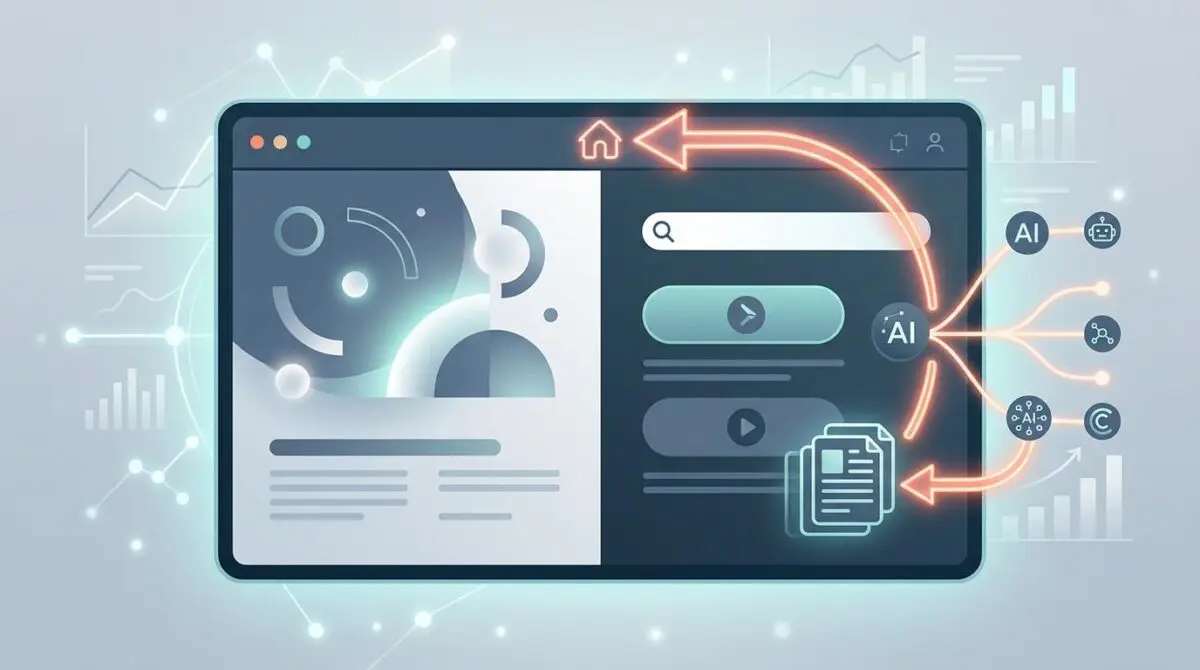 Split homepage browser mockup with search bar and action button, glowing arrow to homepage icon, analytics and AI citations