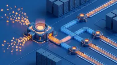 AI governance hub with gatekeeper and agent nodes turning rogue requests into orderly workflow pipelines in a data center.