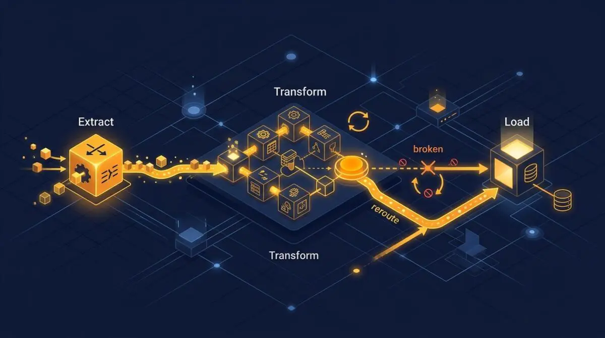 Isometric ETL pipeline with extract, transform, load stages, retry loops, and glowing checkpoint rerouting broken data path.