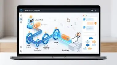 AI assistant in WordPress support dashboard routing a ticket through glowing gates to a human workspace.