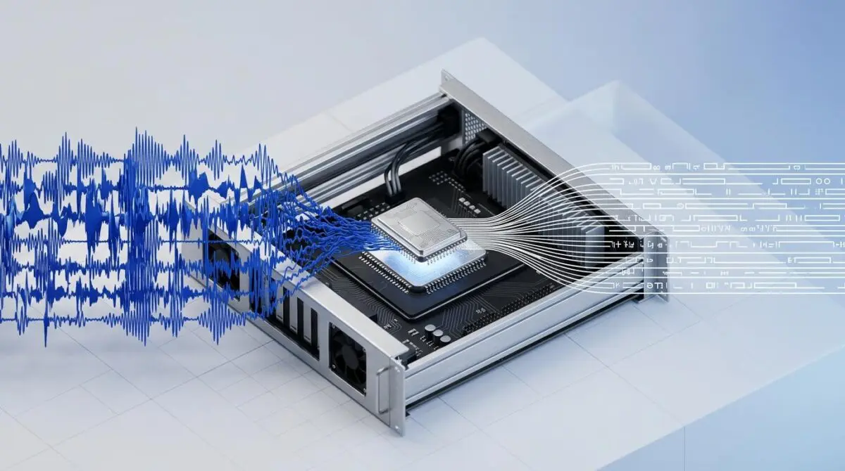 Cobalt blue audio waveforms funnel into a tiny silver AI chip on a server rack, emerging as crisp transcribed text lines.
