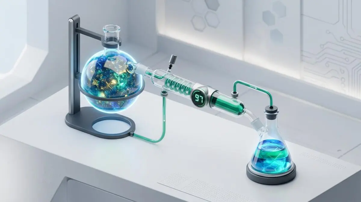 Isometric 3D distillation apparatus with two flasks, gauge showing 97, blue and emerald, symbolizing Q4_0 accuracy.