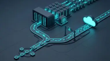 Isometric node workflow branching to metered cloud toll and self-hosted AI server farm.