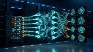 Eight H100 GPUs split a glowing UMAP point cloud into segments, merging into an all-neighbors graph in 8 minutes.
