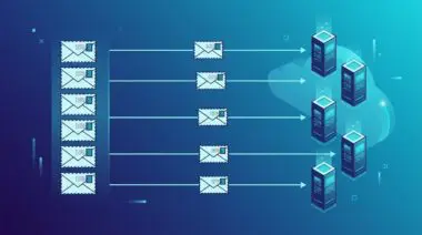 Queue of stamped envelopes to parallel serverless nodes in an indigo and cyan cloud, illustrating stateless MCP.