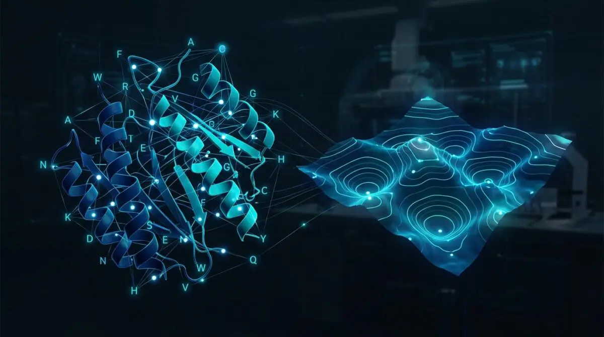 PottsMPNN design: 3D protein with amino acid letters, glowing data links, multiple energy valleys, dark lab, cyan and blue.