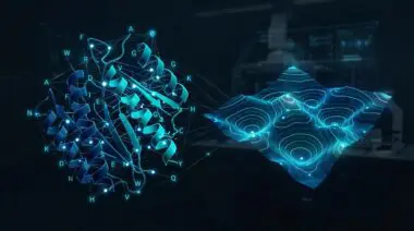 PottsMPNN design: 3D protein with amino acid letters, glowing data links, multiple energy valleys, dark lab, cyan and blue.