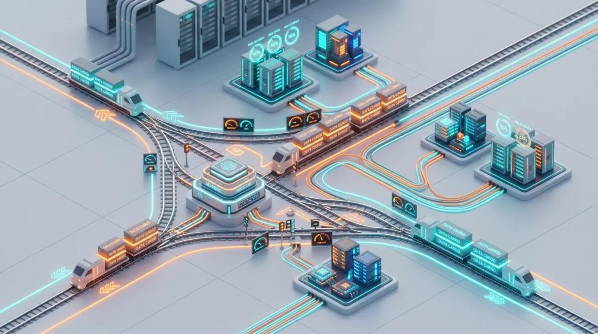 NeMo Switchyard AI model router as railway switchyard with data trains, microchip servers, and neon cost and accuracy gauges.
