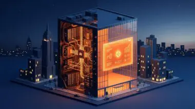 NYC AI agency tiers: isometric building split into data servers and hollow facade with landing page.