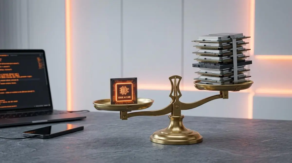 Glowing 2.6B edge AI processor on brass scale outweighing server CPUs, laptop and smartphone nearby, local AI.