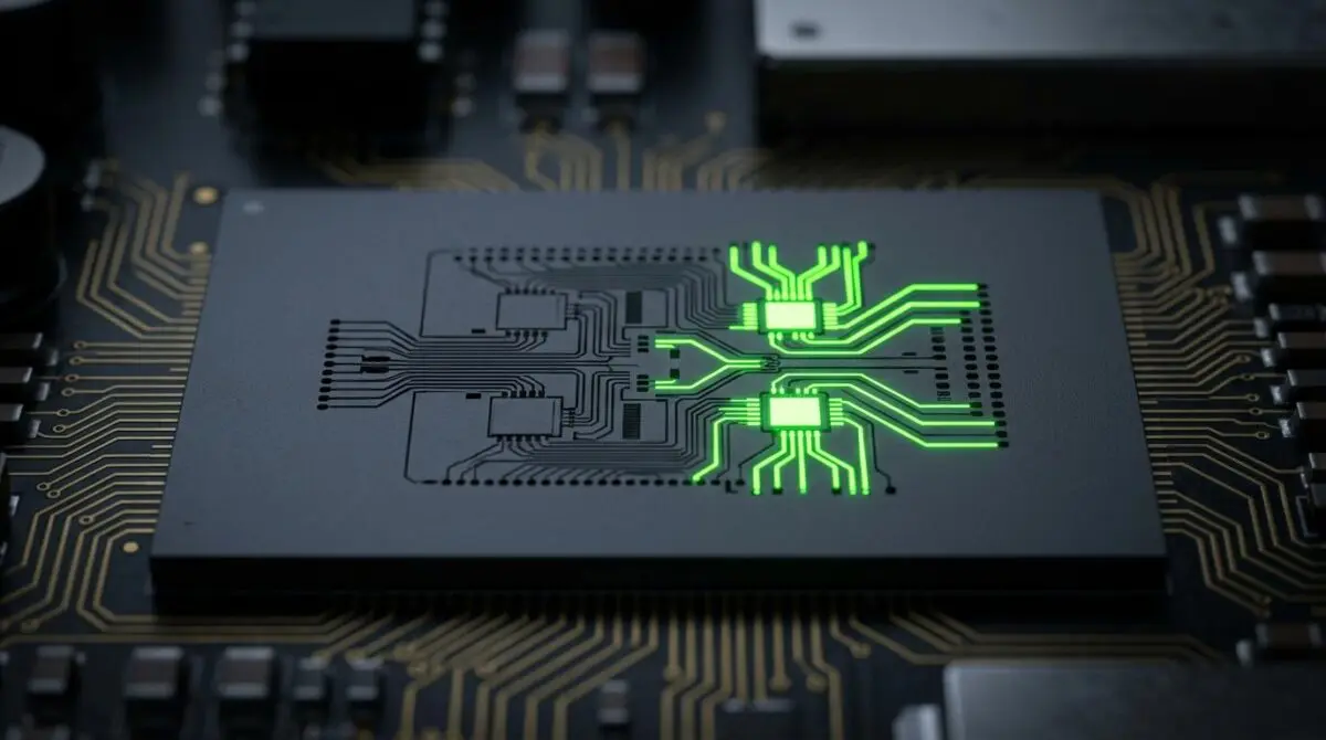 NVIDIA chip with glowing green pathways routing to specialized units, symbolizing selective activation for agent execution.