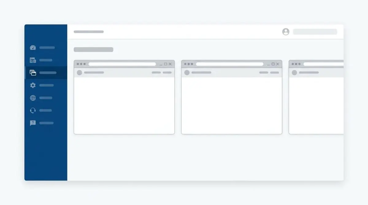 Persistent sidebar and top bar with deep blue navigation rail unifying several site windows in a WordPress hosting dashboard