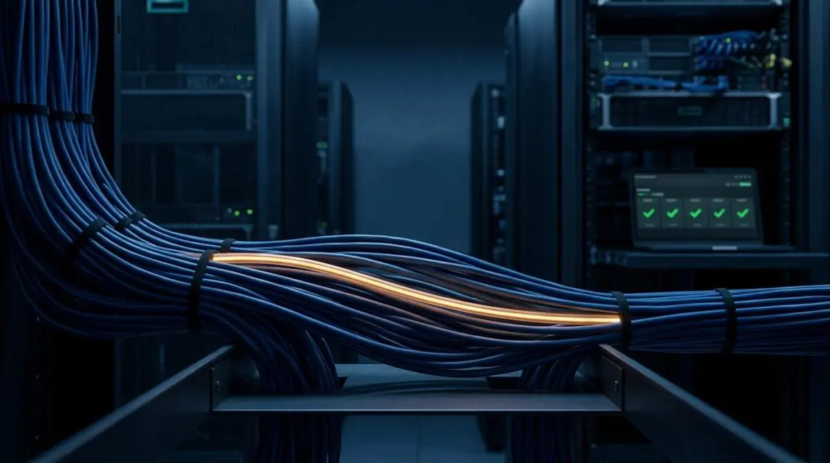 Amber cable failing among blue InfiniBand in GPU rack, observability dashboard green checkmarks