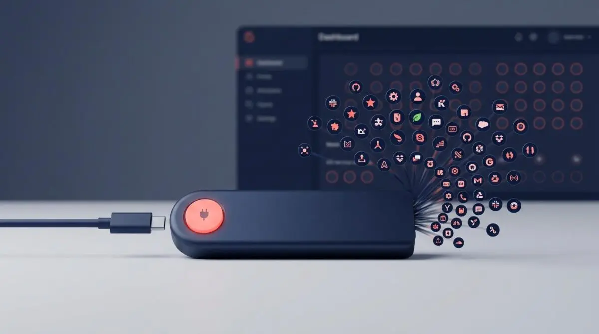 One OAuth button plugs into a hub via USB-C cable, connecting to 70 service icons on a dashboard, ending agent integration friction.