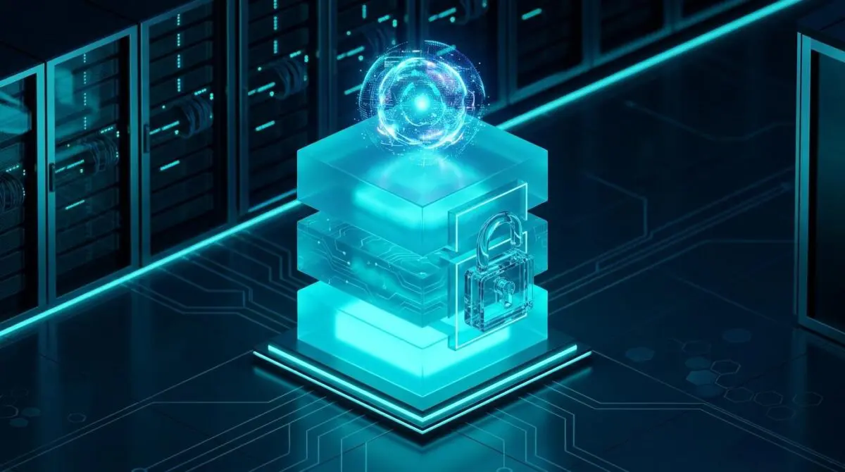 Translucent blocks as AI security layers, glowing core, open padlock, dark data center, cyan lights, open-source agentic era.