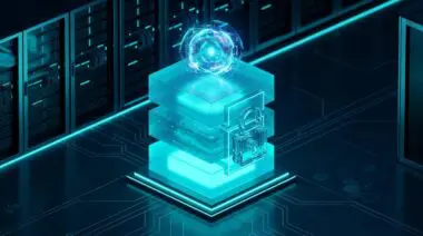 Translucent blocks as AI security layers, glowing core, open padlock, dark data center, cyan lights, open-source agentic era.