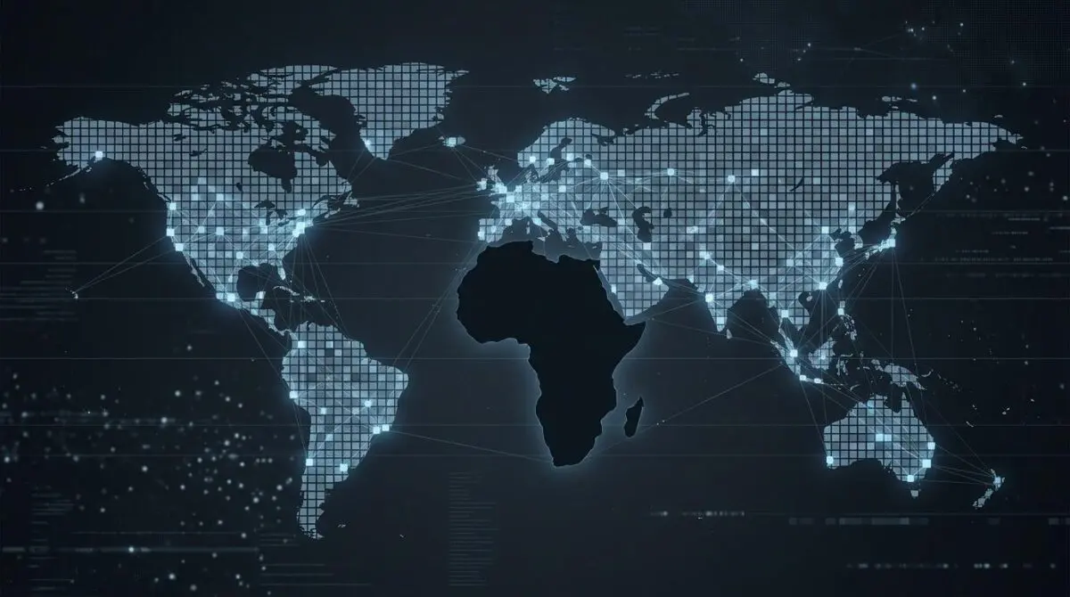 Mosaic world map of glowing research nodes covers globe except dark empty Africa-shaped void in AI policy map.