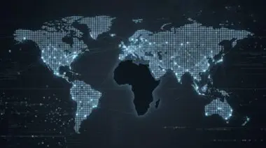 Mosaic world map of glowing research nodes covers globe except dark empty Africa-shaped void in AI policy map.