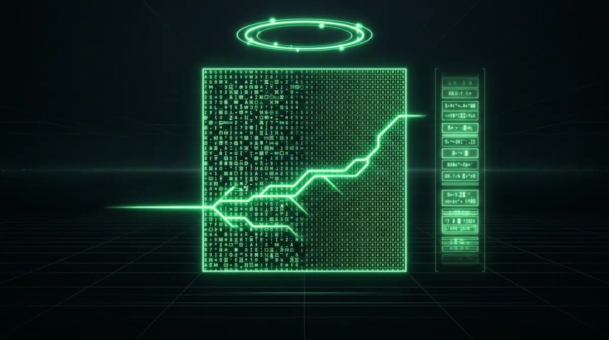 Neon green 64x64 grid forming perfect pattern, branching trail, memory stack, supervisory loop, for AVO long-horizon agents.