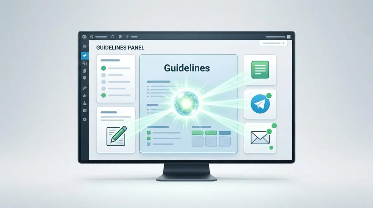 WordPress dashboard with glowing memory orb beaming to editor, Telegram, email icons for persistent memory guidelines.