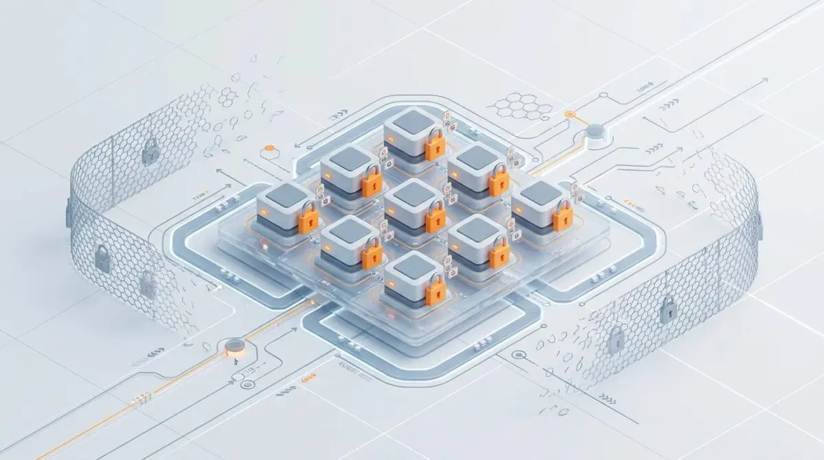 Isometric cloud of padlocked serverless workers with policy tags, private by default, replacing a fence, orange and gray.