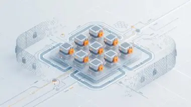 Isometric cloud of padlocked serverless workers with policy tags, private by default, replacing a fence, orange and gray.