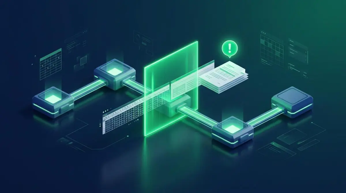 Holographic 5-node POC pipeline, spreadsheet row through green barrier emerges as polished draft, ending decision paralysis.