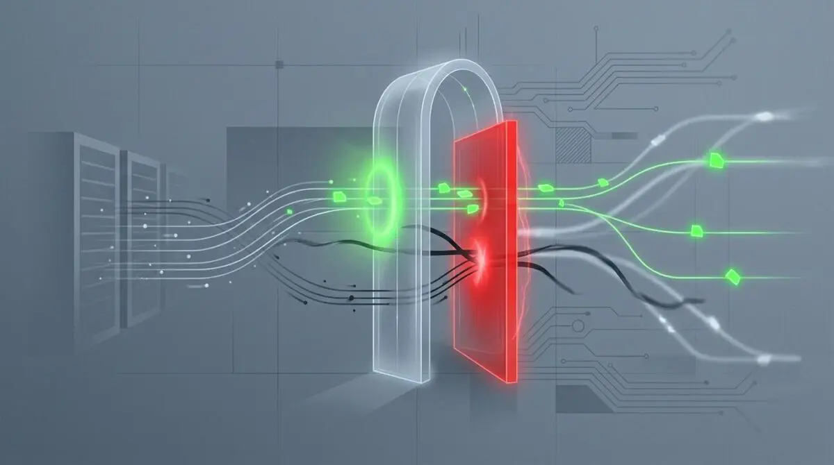 MCP detection console approves protocol requests with green gate, blocks shadow AI traffic with red barrier.