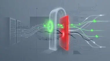 MCP detection console approves protocol requests with green gate, blocks shadow AI traffic with red barrier.