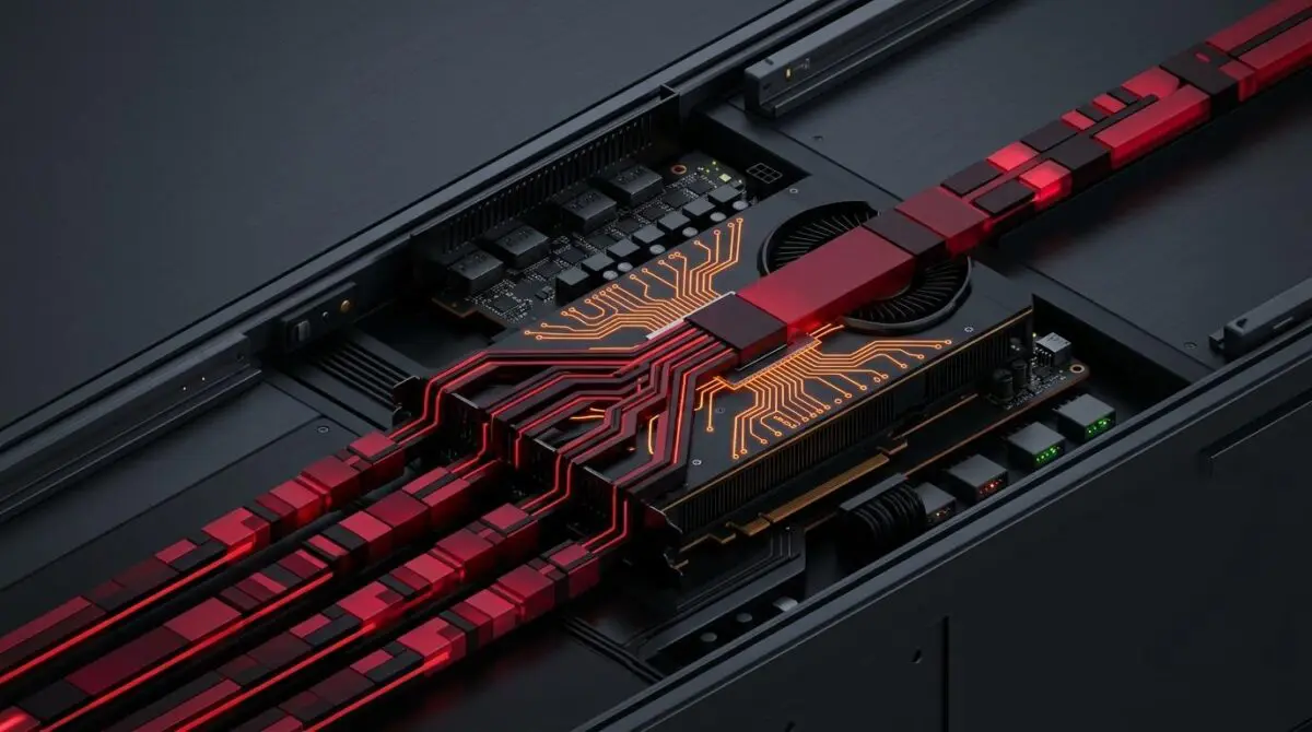 Black AMD Instinct GPU in server rack, glowing orange traces, five kernels merging into a block for PyTorch FP8 training.