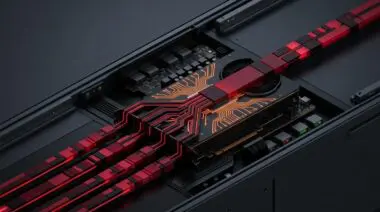 Black AMD Instinct GPU in server rack, glowing orange traces, five kernels merging into a block for PyTorch FP8 training.