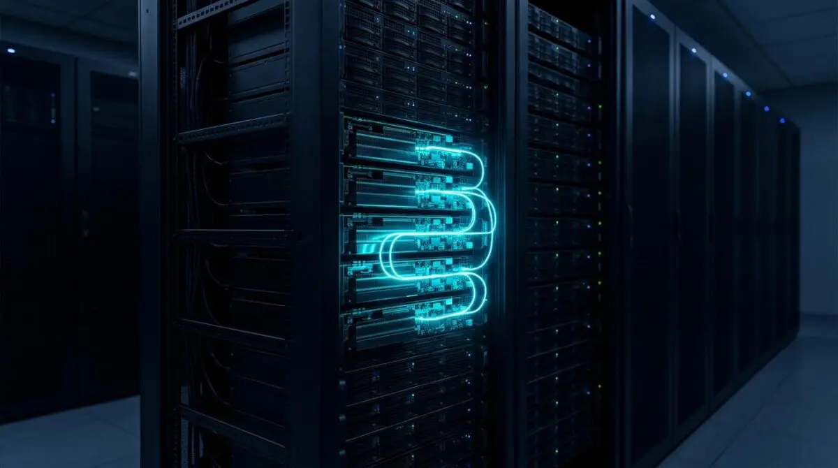 Qwen3.8-Max GPU server rack with cyan data streams on some modules, luminous path through chips, navy tones.