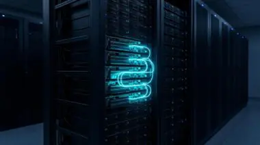 Qwen3.8-Max GPU server rack with cyan data streams on some modules, luminous path through chips, navy tones.