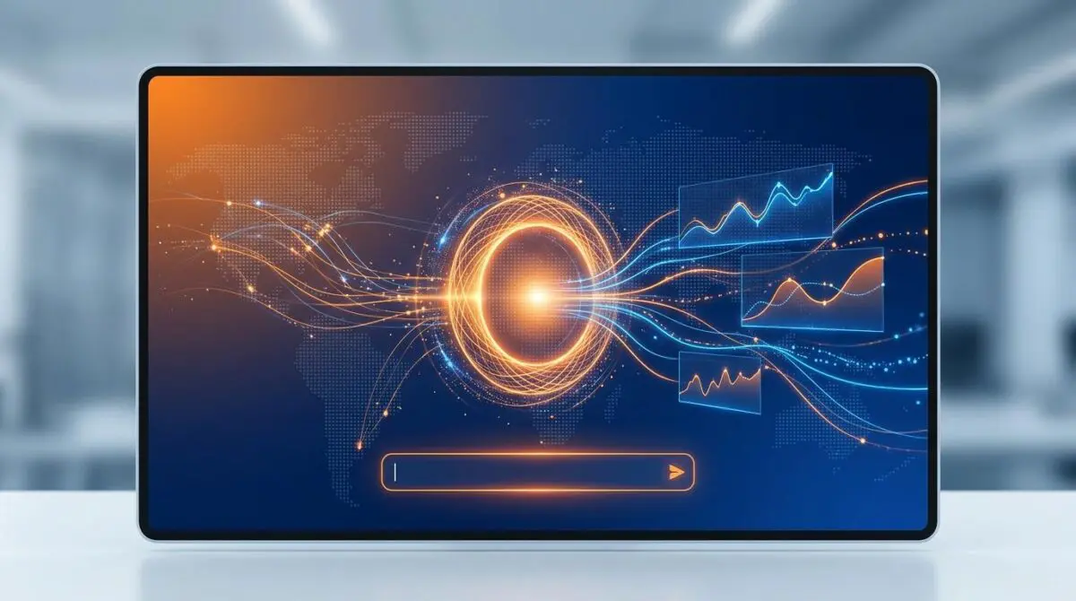 Radar Researcher interface turning internet questions into live data charts over world map dashboard in orange and blue.