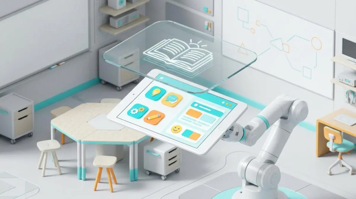 Robotic arm tablet with teen AI chat interface, glass shield reflecting open book, in modern ed-tech lab for AI generation