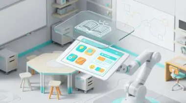 Robotic arm tablet with teen AI chat interface, glass shield reflecting open book, in modern ed-tech lab for AI generation