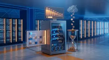Minimalist isometric self-hosted GPU rack, falling token costs, hourglass drains tokens, cloud replaced, blue-lit data center.