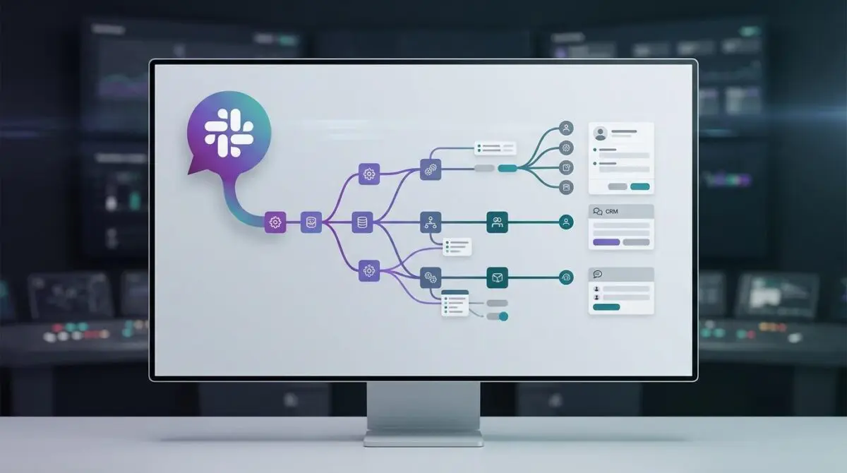 Slack chat bubble transforming into automation nodes with CRM and ticket forms, showing bots delivering real automated work