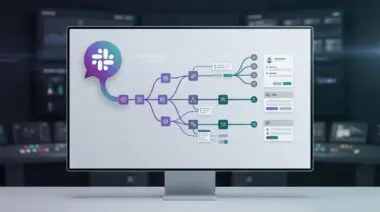 Slack chat bubble transforming into automation nodes with CRM and ticket forms, showing bots delivering real automated work