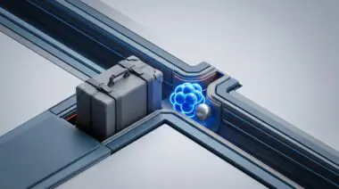 AI-designed blue solvent molecule slips a silver sodium ion through a narrow battery channel, hindered by a bulky molecule.