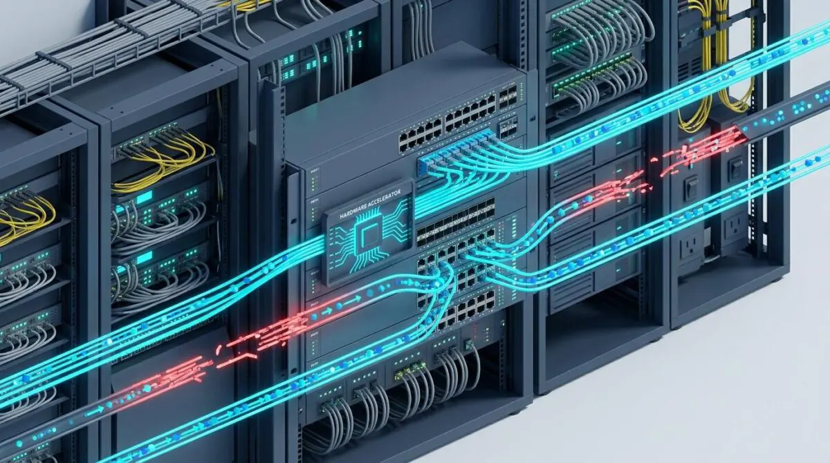 Rack switch with fiber lanes and accelerator rerouting data around a broken lane, solving Ethernet bottleneck via Spectrum-X.