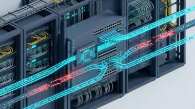 Rack switch with fiber lanes and accelerator rerouting data around a broken lane, solving Ethernet bottleneck via Spectrum-X.