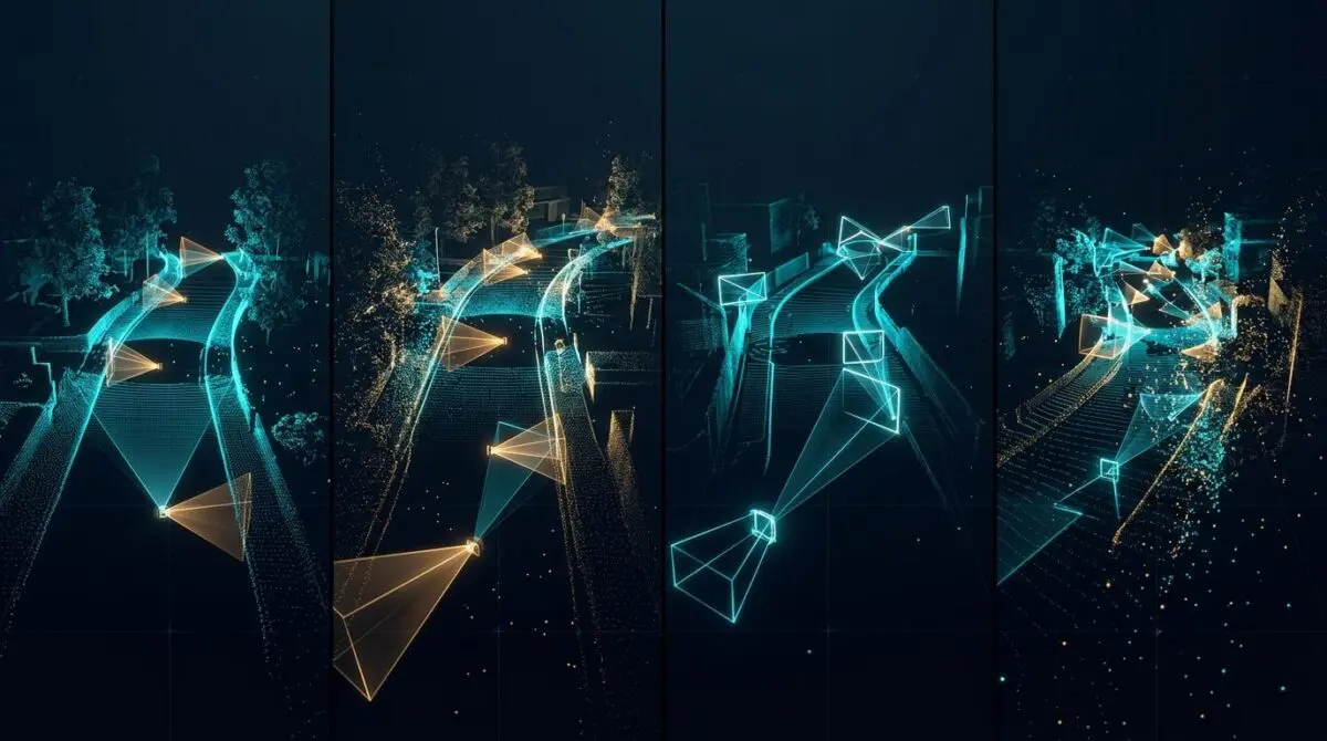 Street scene as glowing cyan and amber points and camera frustums, showing synthetic carline adaptation for AV perception.
