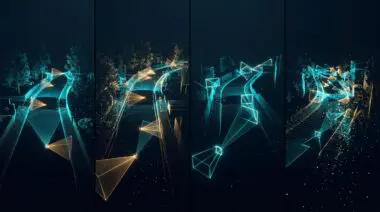 Street scene as glowing cyan and amber points and camera frustums, showing synthetic carline adaptation for AV perception.