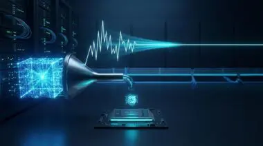Compression funnel distills glowing cube into small model on GPU chip, jagged memory spike flattens in blue data center.