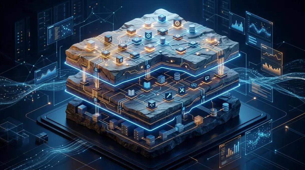 Isometric three-tiered AI framework strata with nodes and connectors in blue and amber, showing layers as collaborative.