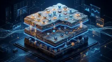Isometric three-tiered AI framework strata with nodes and connectors in blue and amber, showing layers as collaborative.