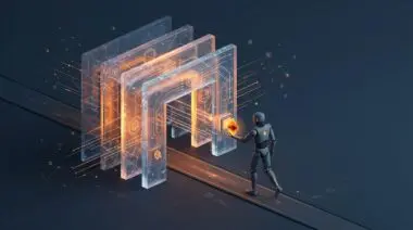 Representing the Agentic Web: a robot passes through a protocol-layer tollbooth, offering a glowing wallet token.