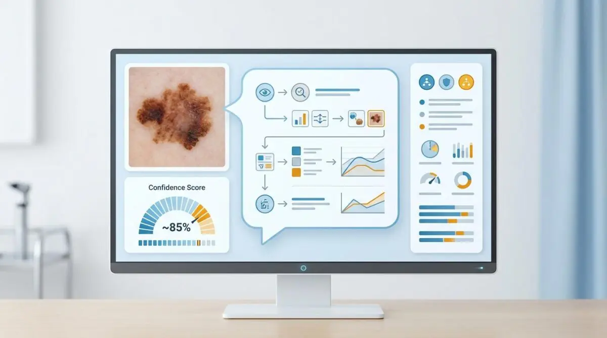 Clinical AI diagnostic interface showing a skin lesion with expanding chat-bubble explanation panel and confidence score.